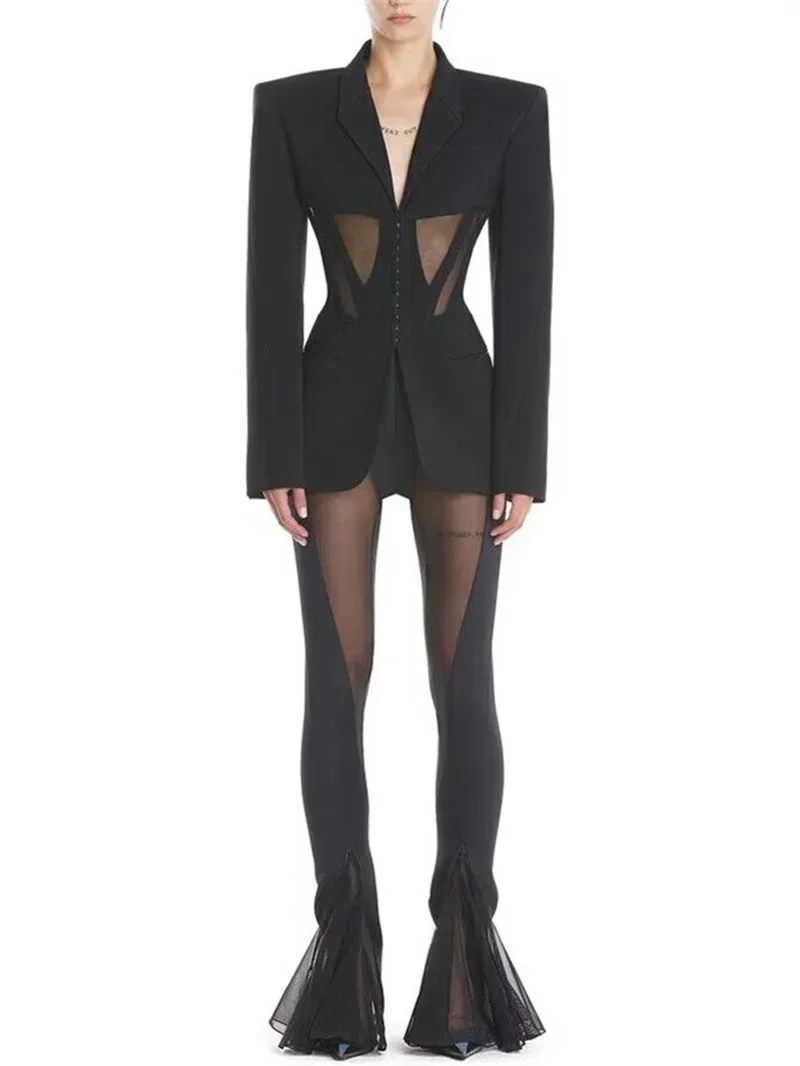 Conjunto de traje negro Sexy para mujer, Blazer de tul transparente, pantalones femeninos, ropa de trabajo de negocios, chaqueta Formal de oficina, abrigo para mujer