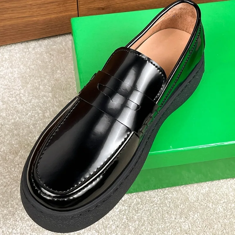 New British Style Fashion Leather Casual Shoes Men Dress Loafers Black Thick Sole Genuine Leather Breathable Sneakers Flats