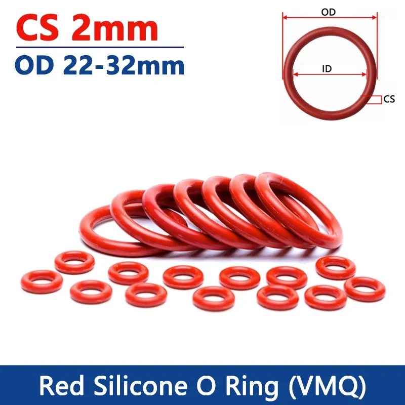 

Red Silicone O Ring CS 2mm OD 22/23/24/25/26/27/28/29/30/31/32mm VMQ Silicon O-Ring Waterproof Insulated Rubber Sealing Gasket