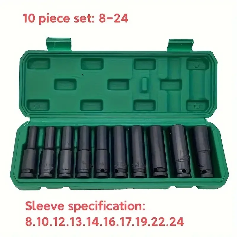 10pcs Set 1/2 Inch Electric Wrench Socket Head Pneumatic Socket Lithium Electric Wrench Hexagonal Opening Extension