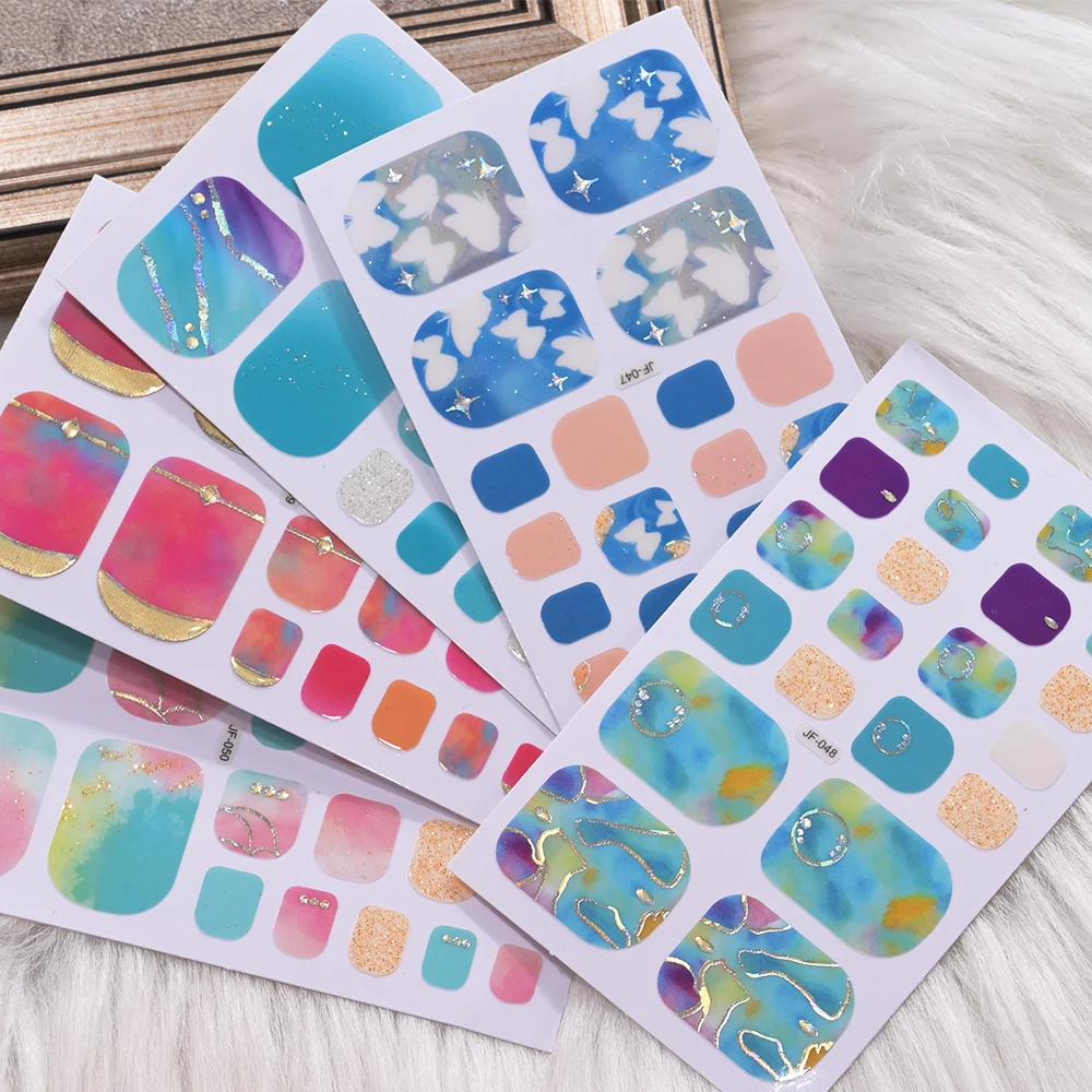 1Sheet(22Tips) Blue Butterfly Toe Nail Stickers Glitter Full Cover Toe Nail Wraps Baking Free Summer Beach Toenail Polish Strips