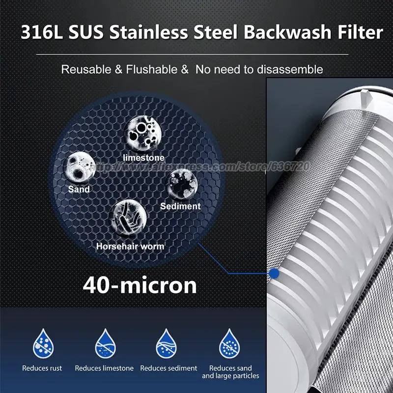 قابل للتعديل ضغط الماء الغسيل العكسي تدور أسفل فلتر المياه الرواسب، مقياس الضغط العلوي، قابلة لإعادة الاستخدام وقابلة للتنظيف 40 ميكرون