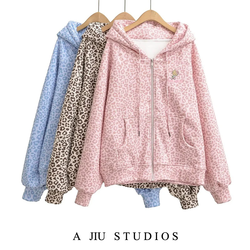 

Retro American Leopard Print Hoodie Women's Fce Lined Loose Casual Slimming Outerwear Autumn Winter Lazy Sle