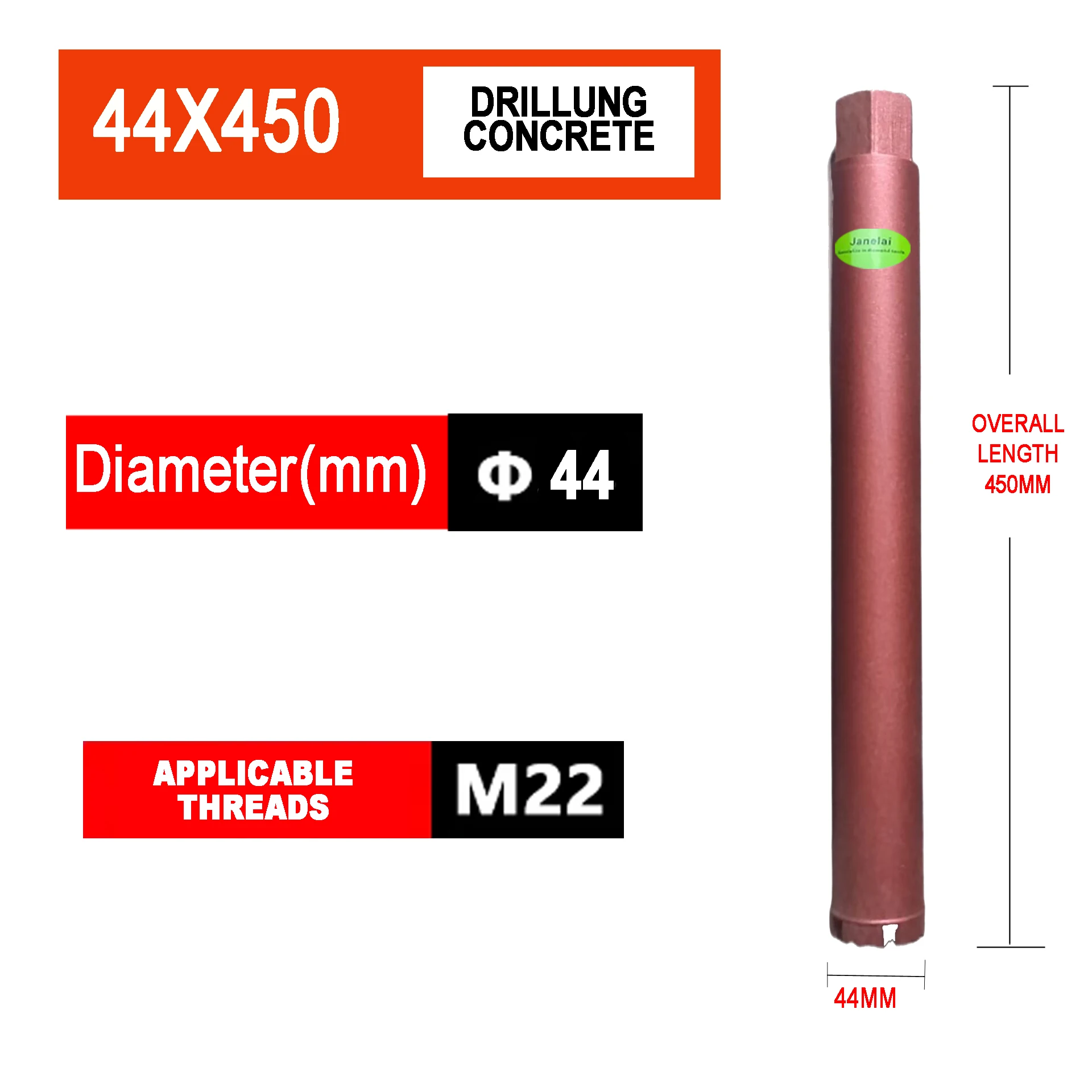 

Janelai Diameter Range 44x450mm Length Diamond Hole Saw Core Bit Deep hole drill For Drilling Holes On Concrete/Brick Wall