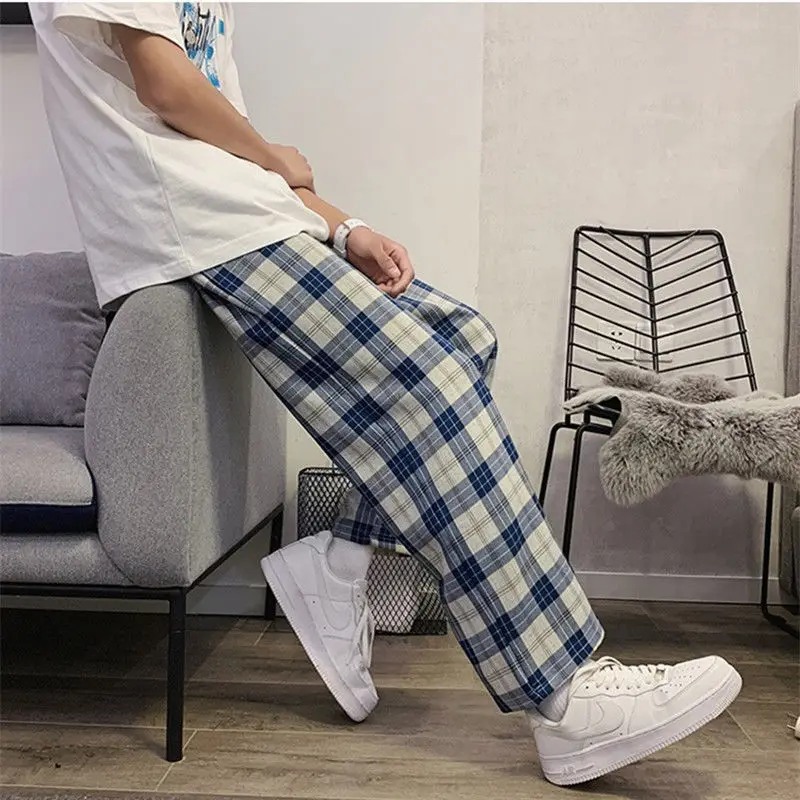 Preppy Style Plaid Wide Leg Pants Spring and Autumn Sweatpants Elastic Waist Men Trousers Fashion Hip Hop Street Men Clothing