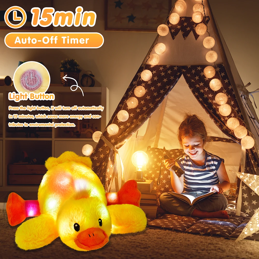 34cm Lying Yellow Duck Doll Stuffed Animal Doll Toys with LED Light-up Musical Cute Duck Plush Toys Glow Singing Gift for Girls