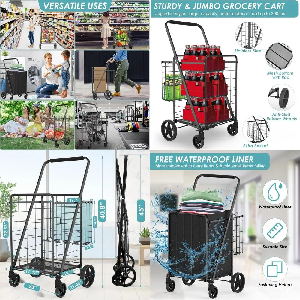 

Прочная тележка для продуктов 330 фунтов с водонепроницаемым вкладышем, поворотными колесами и двойной корзиной для тяжелых условий эксплуатации.