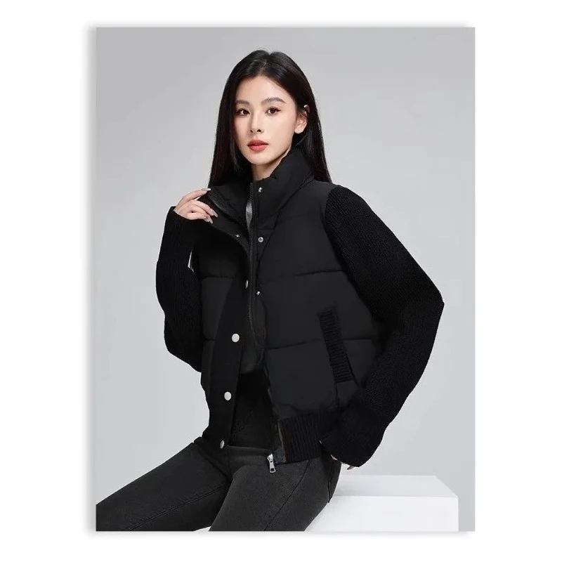 여성 겨울 탑 자켓 코튼 코트 퓨어 컬러 뜨개질 스플 라이스 스탠딩 칼라 따뜻한 두꺼운 빈티지 새로운 틈새 다목적