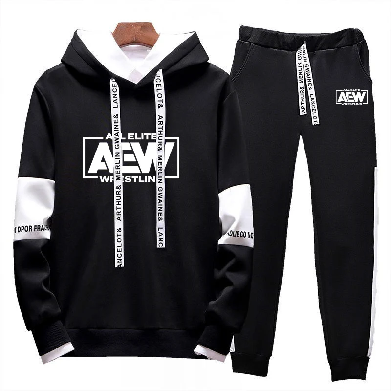 

2024, весенне-осенний мужской костюм Elite AEW Wrestling AEW с принтом логотипа, модный спортивный костюм с капюшоном и длинными рукавами + повседневные спортивные штаны, комплект из веревки