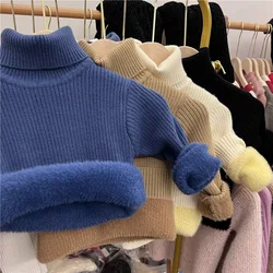 Baby Plus Velvet Sweater Boys Girls Warm Cold Fleece Bottoming Shirt Middle Child Solid High Collar Pullover Sweater 2-10 Years