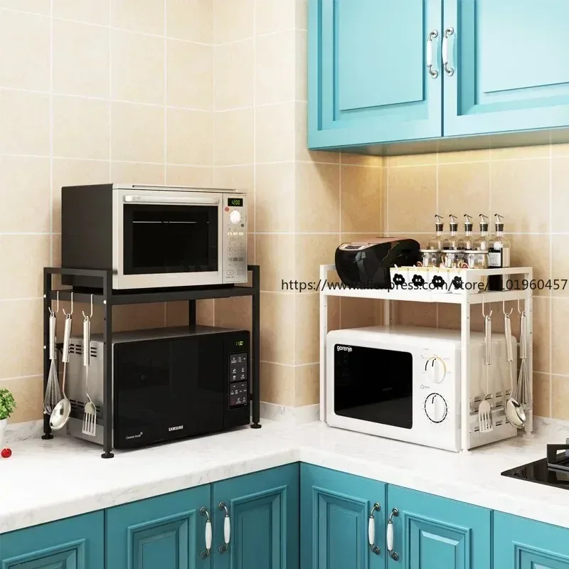 

2 Tier Microwave Shelf Stainless Steel Expandable Shelf and Organiser for Kitchen Worktops with 3 Hooks White/Black