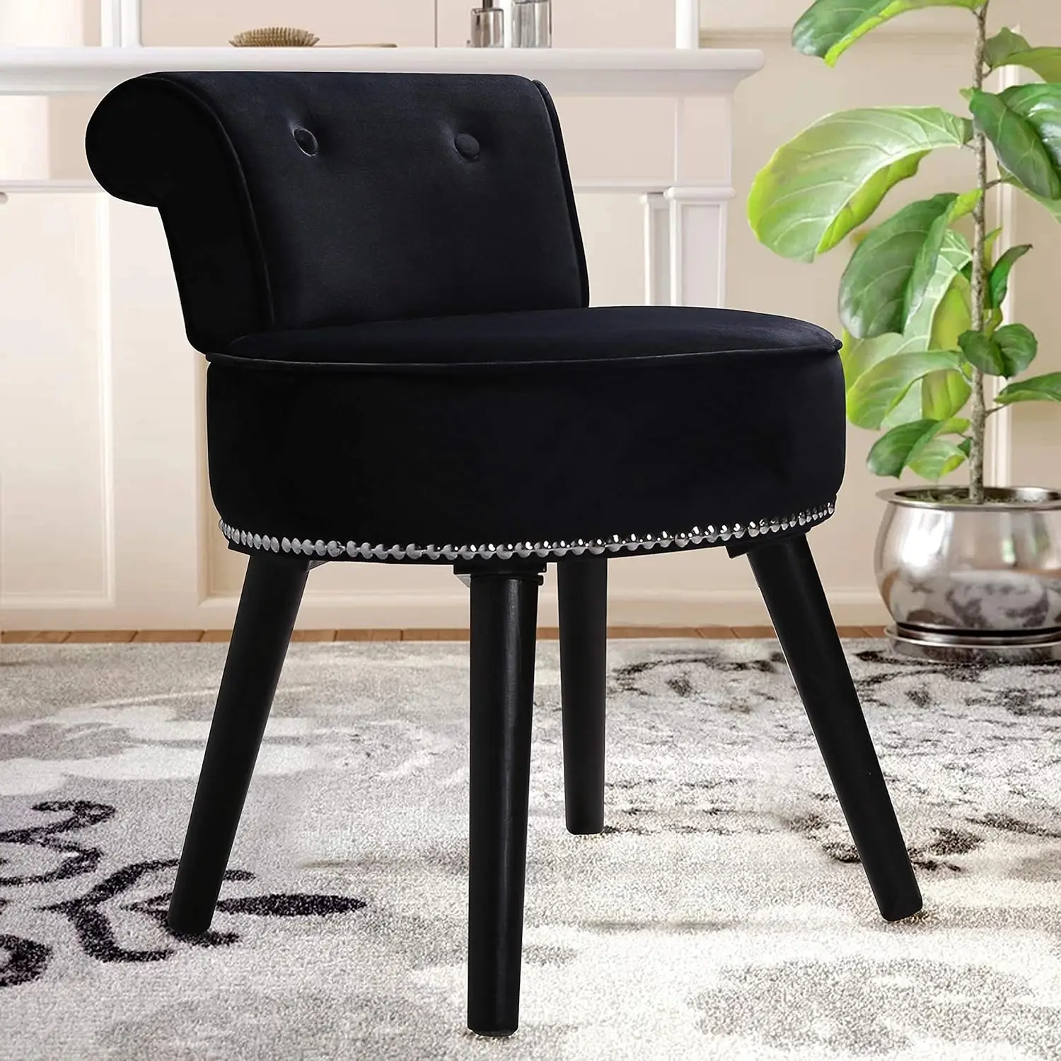 Makeup Vanity Stool Chair with Low Back, Round Velvet Padded Chair with Wood Legs