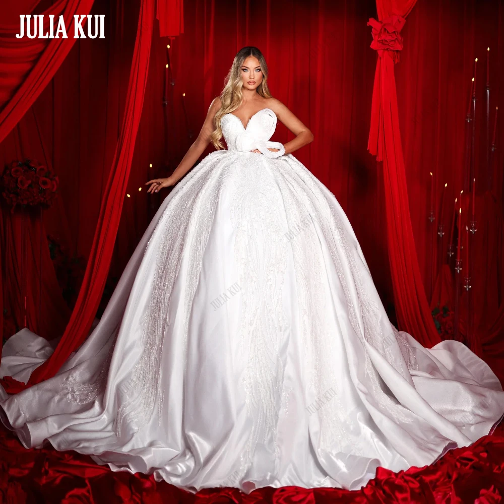 

Julia Kui Custom Made Luxury Embroidery Ball Gown Wedding Dress Sleeveless Shiny Beaded Appliques Lace Princess Bridal Gowns