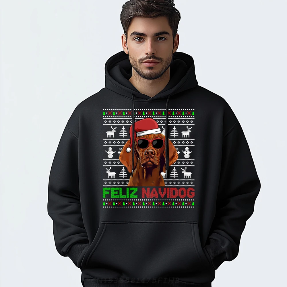 

Vizsla Dog Feliz Navidog Funny Christmas Black Graphic Pullover Hoodies Polyester Hoodie Men Punk Style