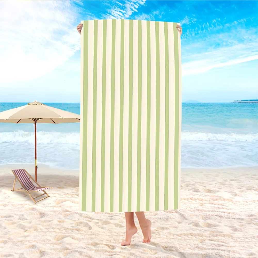 Ins Style Green Striped Microfiber Beach Towel 2D Flat Printed Sandproof Waterproof Cute Picnic Mat Travel Essentials Spring