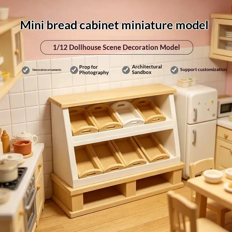 1Pcs 1 12 Dollhouse Cake Cabinet Storage Shelf Model with Mini Bread Rack for Miniature Kitchen Decoration view 3