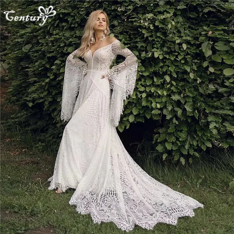 Lace Boho Wedding Dresses for Women Bride 2025 Off Shoulder Long Sleeve Backless Bohemian Bridal Gowns Customized