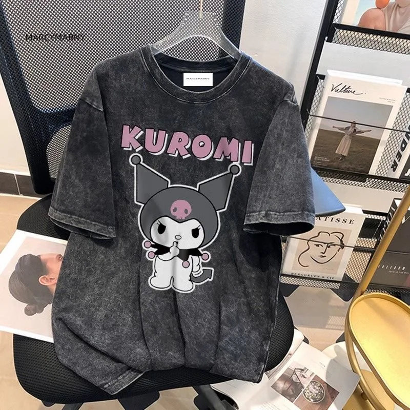 Sanrio Kuromi Graphic T Shirts Kpop Clothes Women American Retro Oversized Tshirts Y2k Streetwear Trend Tops Couples Summer Tees