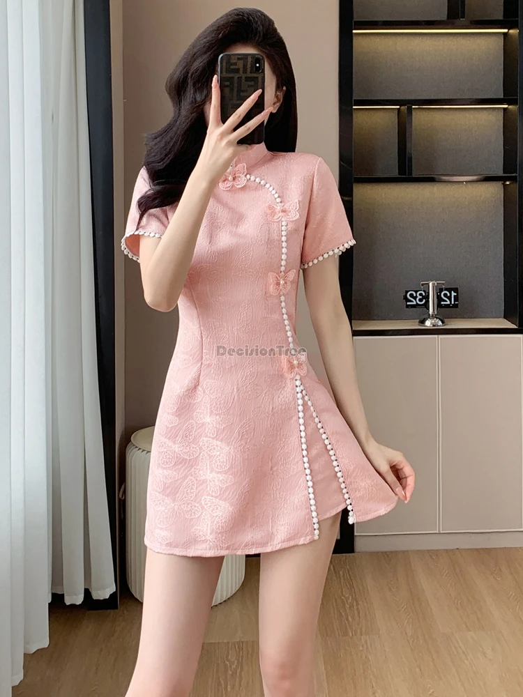 

2025 chinese improved stand collar short sleeve cheongsam dress summer women new retro fashion two-piece loose short qipao set