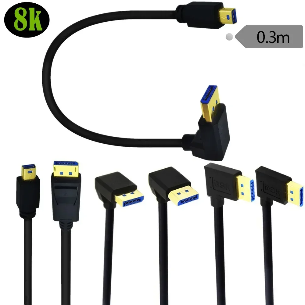 8K 60Hz Mini DisplayPort To DP Elbow 90-Degree Line Male To Male Graphics Card Connection Monitor Cable 1.4V-30cm