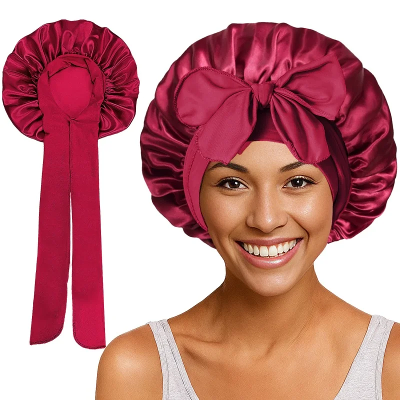 New Satin Solid Sleeping Hat With Stretchy Tie Band Elastic For Women Night Shower Cap Adjustable Hair Head Cover Bonnet Turban