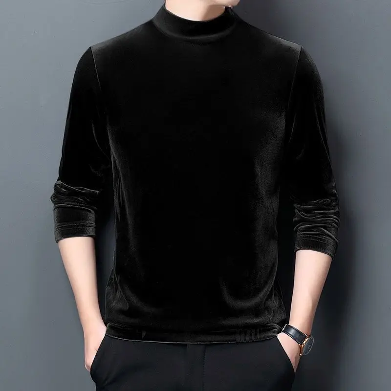 Black Fleece Lined Long Sleeve T-Shirt Men's Slim Fit Workwear Velvet Base Shirt Warm Gold Thread Autumn Winter Fashion Casual