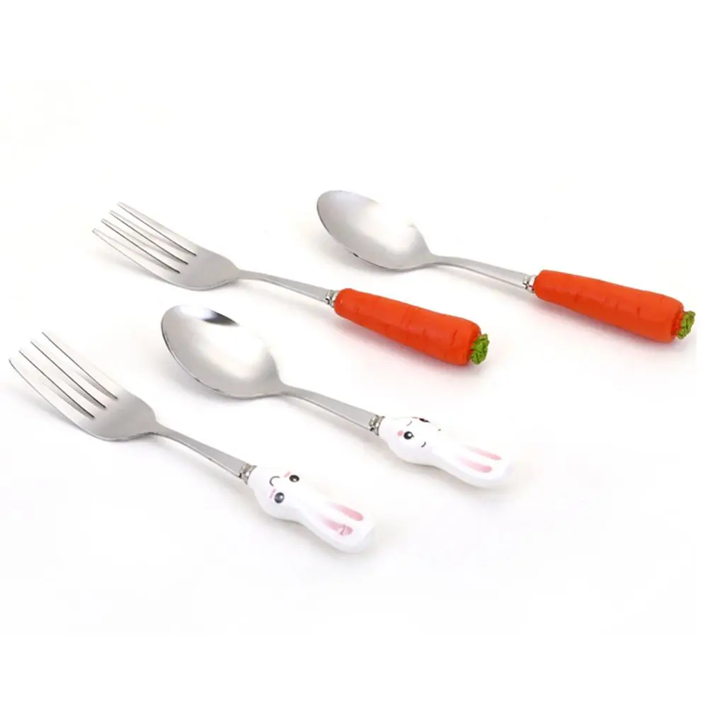 Cute Handle Stainless Steel Fork Kids Carrot Spoon Baby Tableware Feeding Utensils Baby Utensils