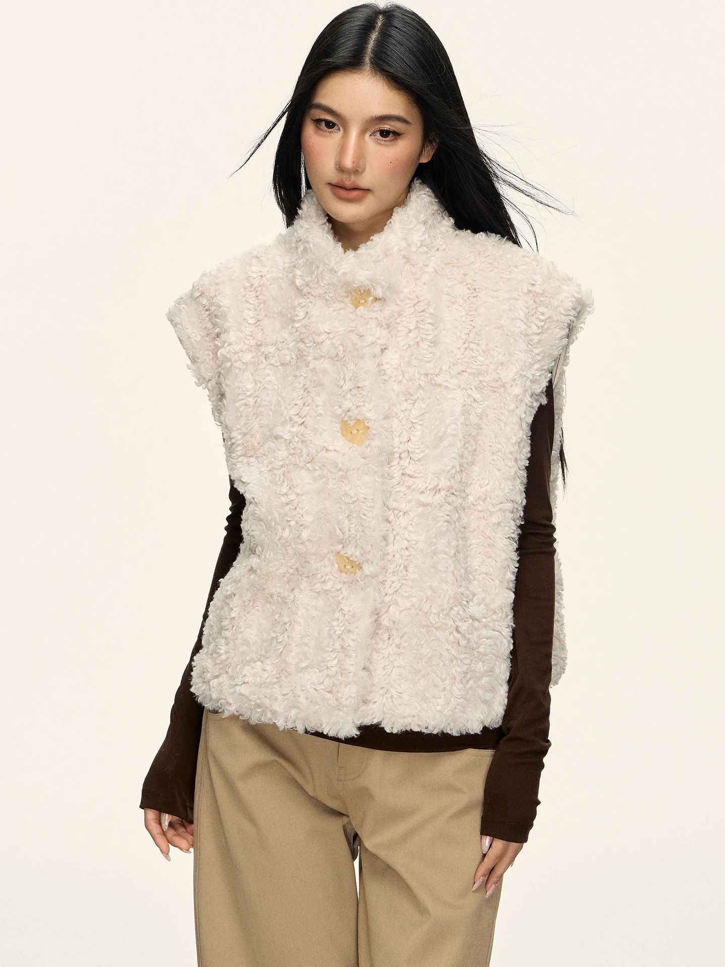 

Женский жилет из меха ягненка Anna Aneae ort Svel Jaet, зимний многослойный бежевый воротник-стойка, теплый универсальный крой, свободный крой