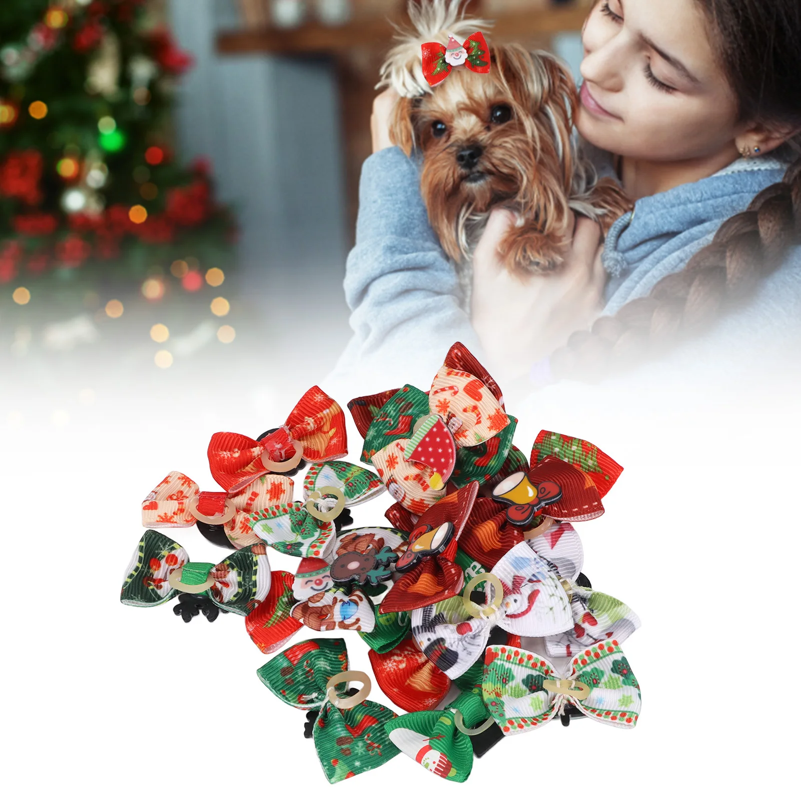 Christmas Dog Hair Bow 20pcs Cute Multi Colors Grooming Pet Hair Topknot With Rubber Band For Puppy Cat