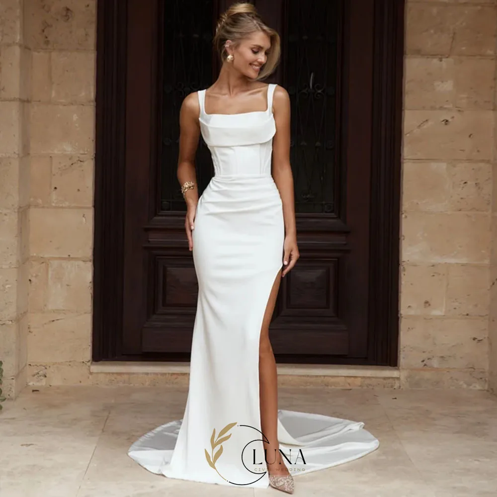 Luna Simple Mermaid Wedding Dress Sleeveless Sexy High Slit Spaghetti Straps Pleat Square Collar Bridal Growns Customized