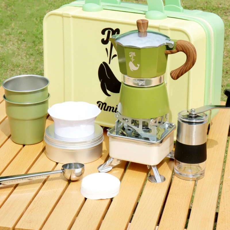 Moka Pot Set Camping Out Coffee Kit Simple Coffee Making Kit Pour-over Coffee Maker Travel Gear Kitchen Coffeeware Wood Handle