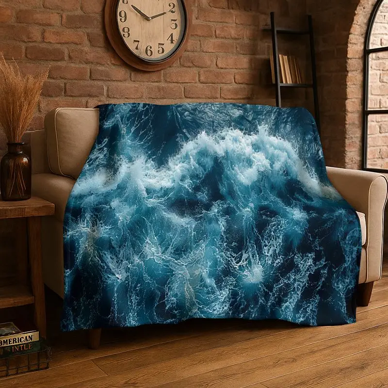 Nature Sea Wave Storm Seawater Flannel Blanket Soft Throw Blanket for Bedroom Living Room Bed Travel Camping Picnic Nap Cover