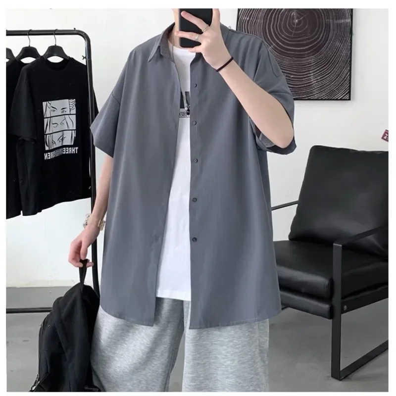 Men Shirts Harajuku Black White Simple Short Sleeve Korean Style Draped Loose Plus Size S-3XL Hip-hop Summer All-match Outwear