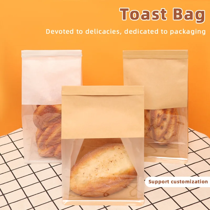 50 Stück weiße/Kraft-Toast-Bäckerei-Beutel, Verpackungsbeutel mit durchsichtigem Fenster, Draht-Rollrand, zum Backen, transparente Kekskuchenbeutel