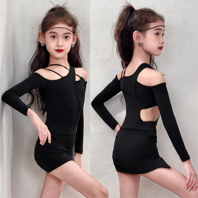 

Новая тренировочная одежда для латинских танцев, черный танцевальный костюм для девочек, топ для танцев, облегающая юбка, комплект для латинских танцев