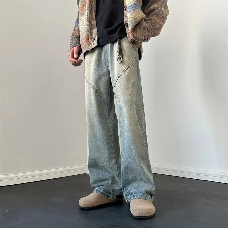 Pantaloni jeans blu lavati impiombati a gamba larga larghi alla moda da uomo in stile vintage americano High Street