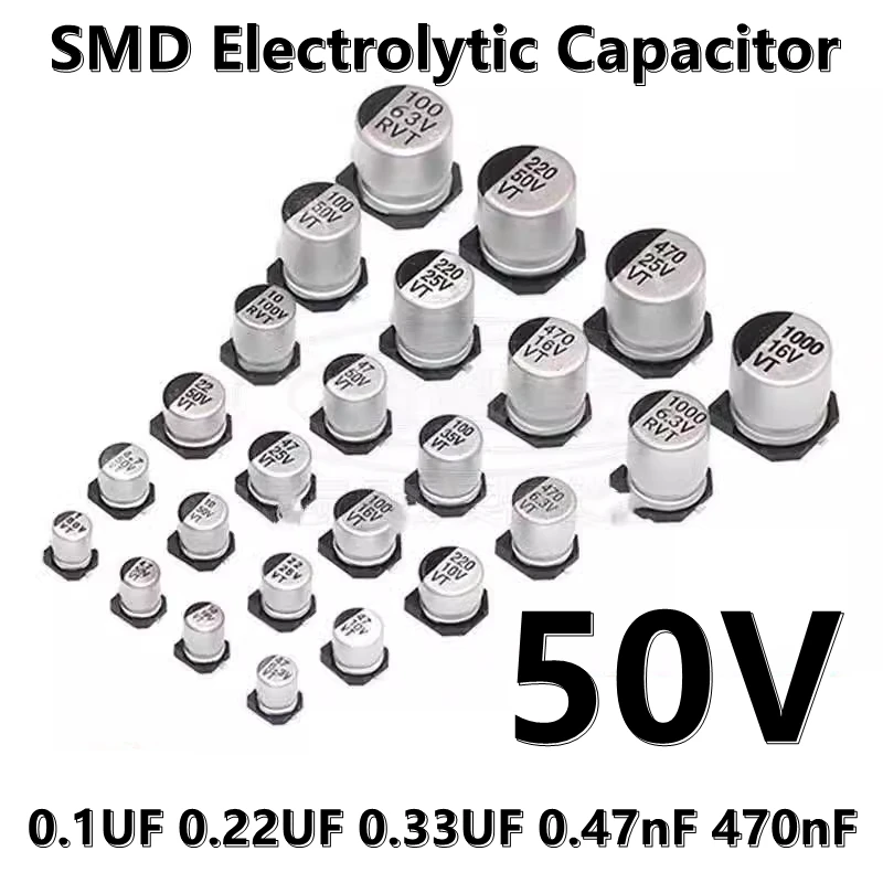 Condensador electrolítico SMD, 0,1 UF, 0,22 UF, 0,33 UF, 0.47nF, 470nF, 50V, 4x5,4 MM, (20 piezas)