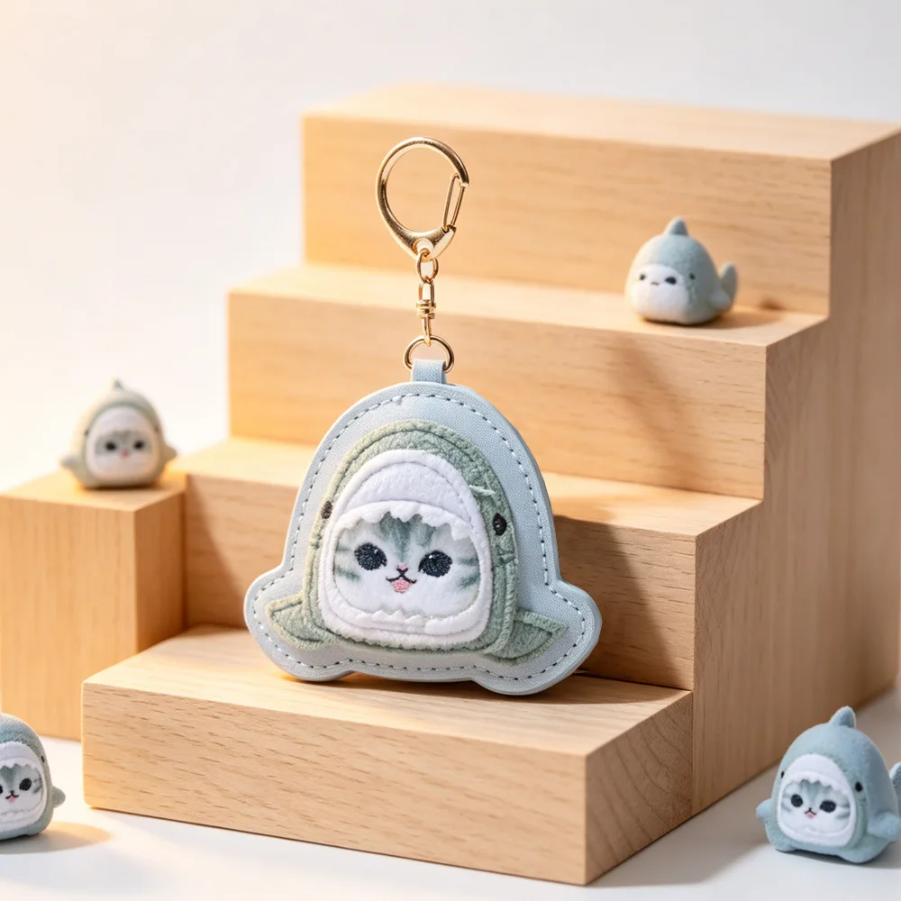 Cartoon Mofusand Shark Cat Leather Towel Embroidery Keychain Anime Peripheral Backpack Pendant Zipper Accessories Friends Gift view 3