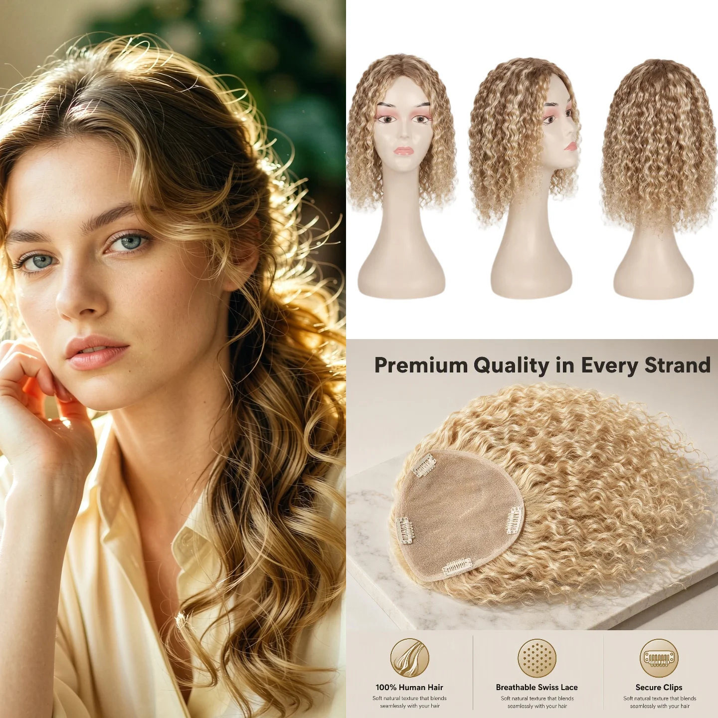 100% Human Hair Topper Swiss Lace 9x14cm 10inch Loose Wave Hair Extensions Handmade Color #8 P27-613 7-10Days Ship