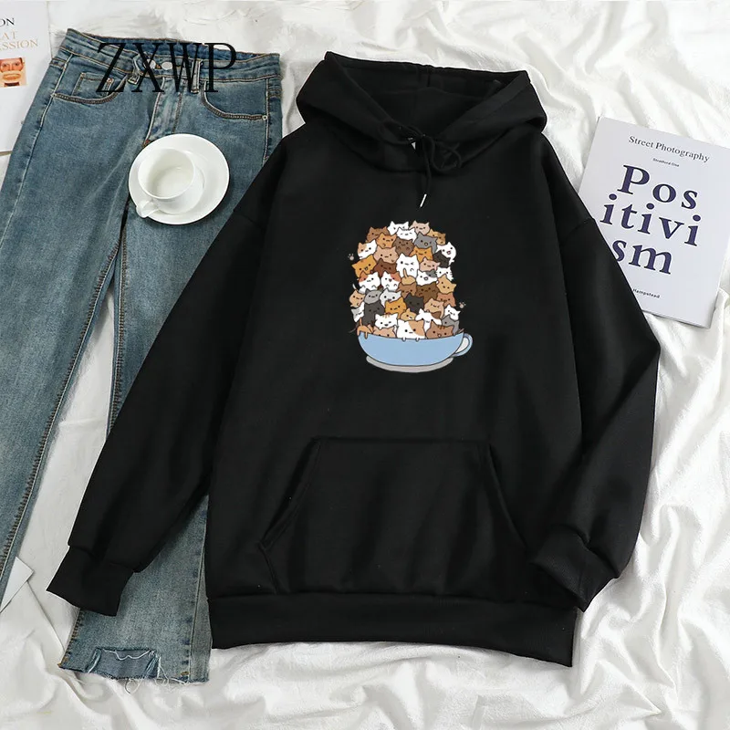 

Women Kawaii Hoodies Sweatshirt Print Funny Cartoon A bowl of cats Hoodie Oversize Long Sleeve Streetwear Pink Tops Casual Hoody