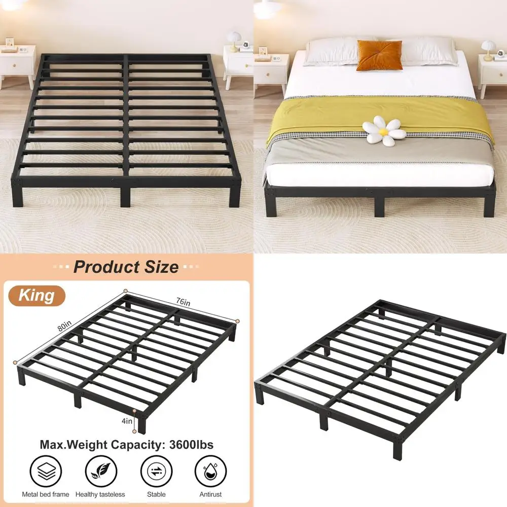 

4-дюймовая прочная металлическая кровать-платформа, размер King Size, не требует пружинного блока, простая сборка, бесшумная, с поддержкой стальными ламелями.