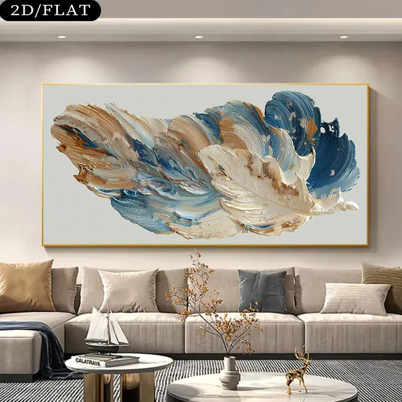

2D/Flat Large Modern Abstract Blue & Beige Canvas Wall Art - Frameless Neutral Texture Prints for Living Room and Bedroom Decor
