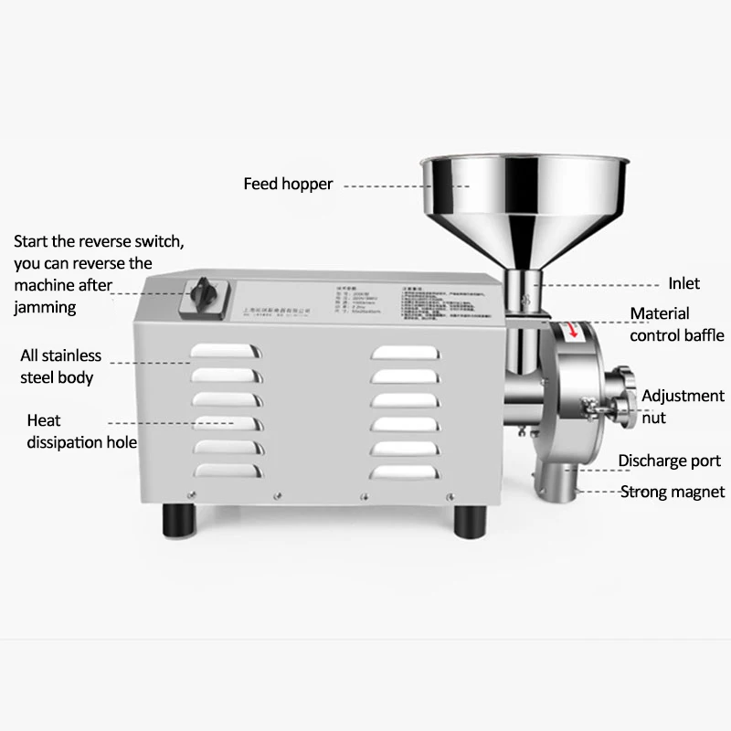 3000 ประเภทเครื่องบดเมล็ดพืช 3KW Commercial สแตนเลสสตีล Grain Mill สมุนไพรยาเครื่องบดแห้งเครื่องบด 220V110V