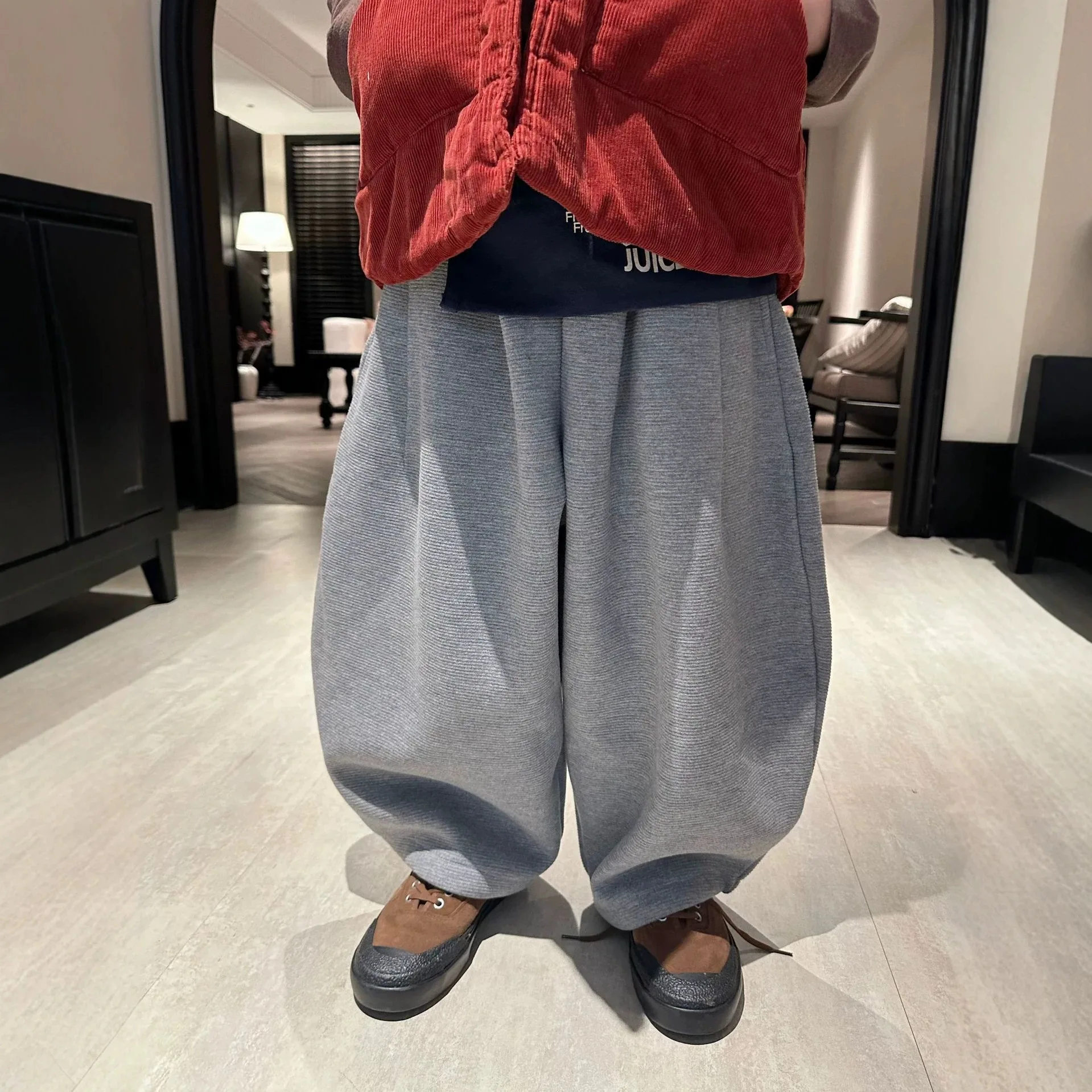 2026 winter new Korean children's three-dimensional strip with plush casual pants, fashionable and versatile warm pants