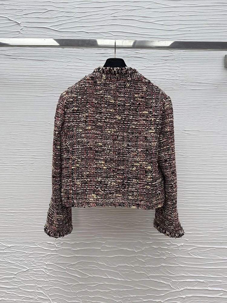 Spring Autumn Fashion Outdoors Vintage Straight Barrel Tweed Jacket Women's O-Neck Single Button Long Sleeve Pocket Jacket