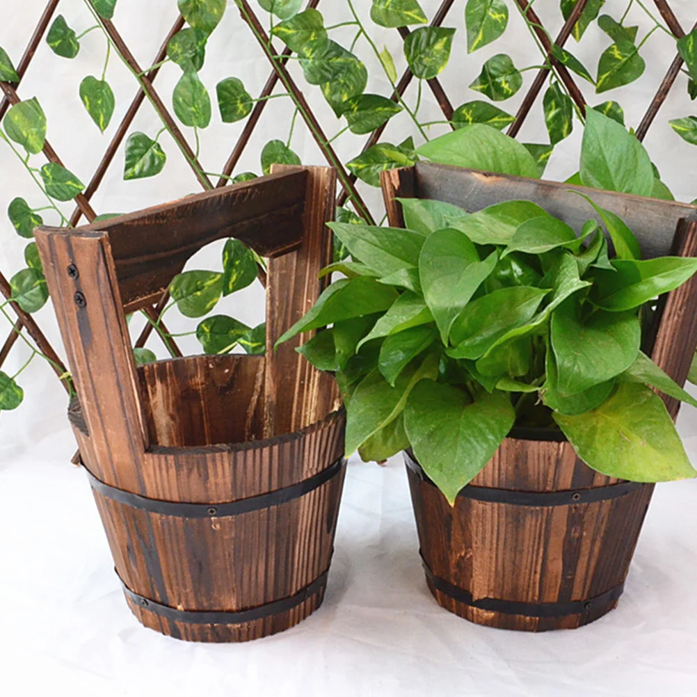 

2pcs Rustic Wood Flower Pot Hanging Bucket For Succulents Cactus Plants Garden Decor Wooden Planter Vintage Style Outdoor Home