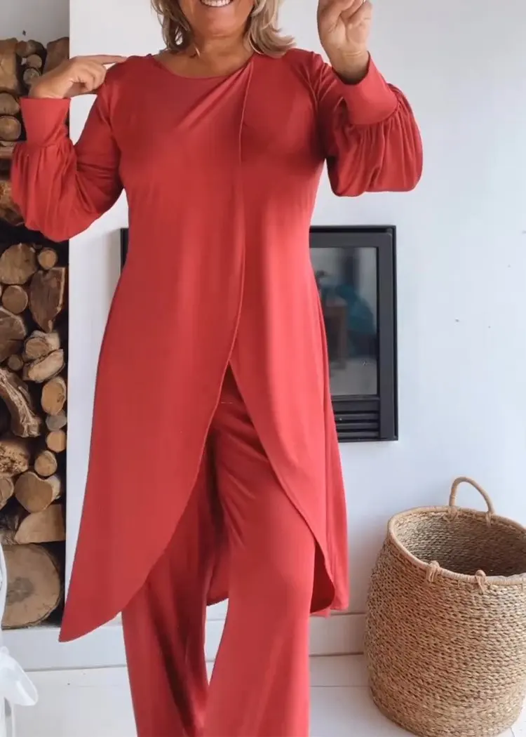 

Casual Solid Suit For Women Fashion Round Neck Long Sleeve Cross Top Elastic Waist Wide Leg Pants Two Piece Set 2024 Autumn New