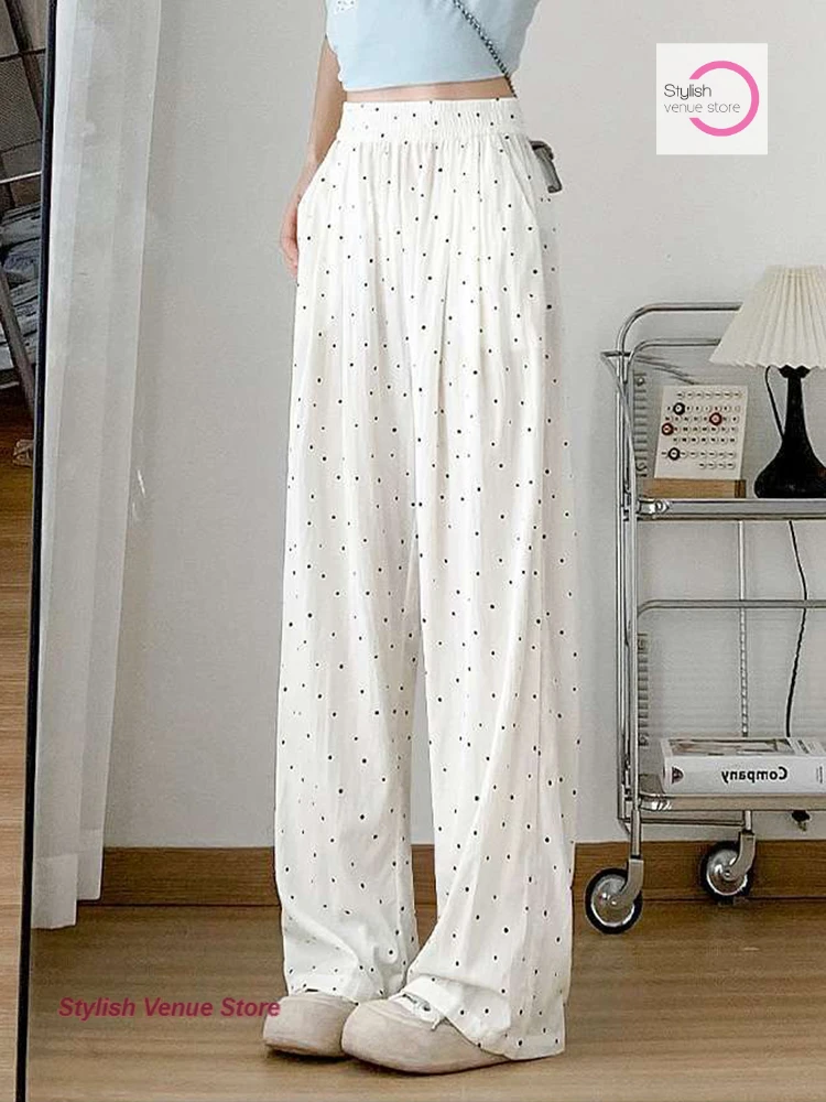 Japanese ice silk white polka-dot Yamamoto pants women's summer thin loose new fashion high waist drape casual wide-leg pants.