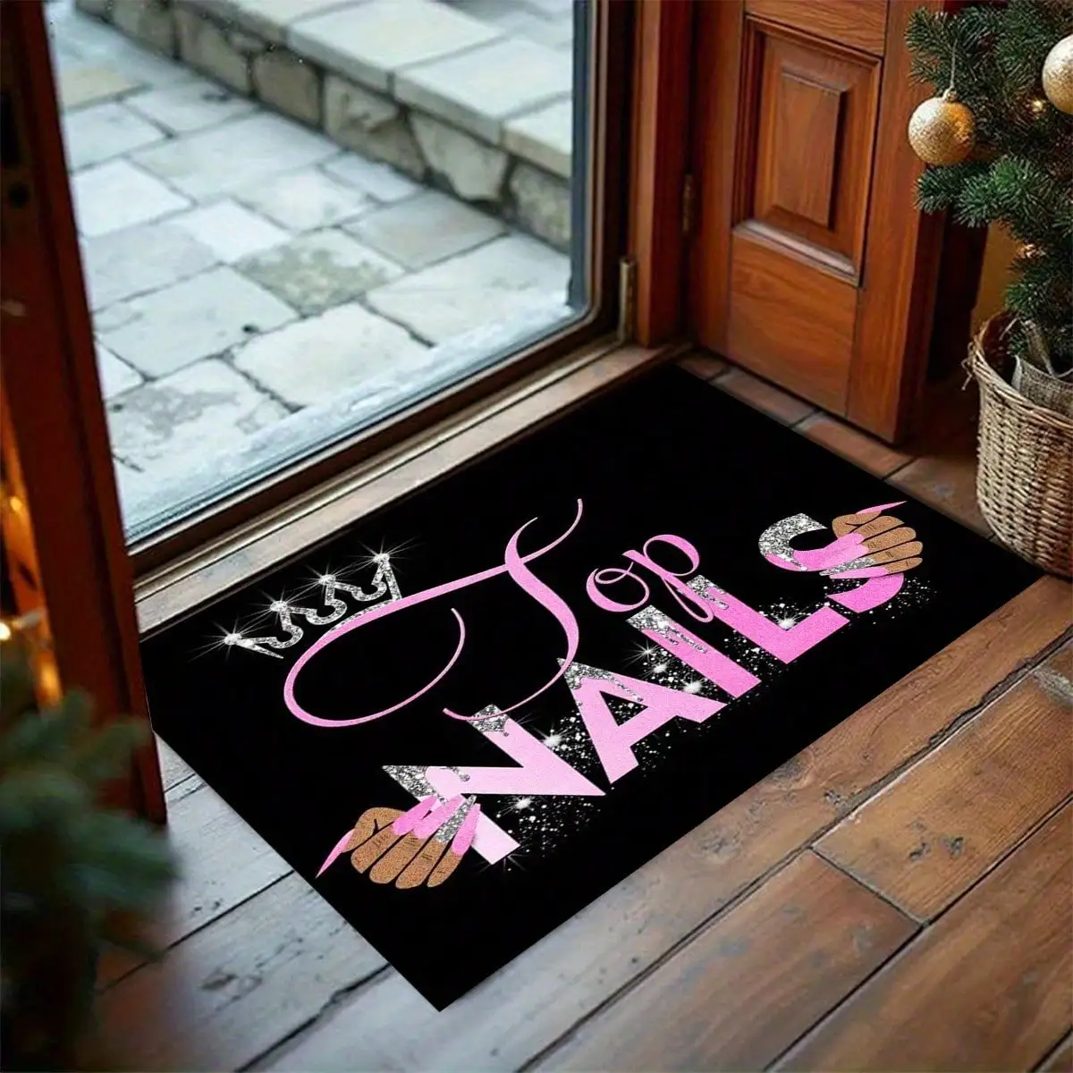 Sassy Nails Pink Glitter Door Mat Funny Manicure Lover Non-Slip Floor Rug Soft Absorbent Entry Mat for Salon Home Multiple Sizes