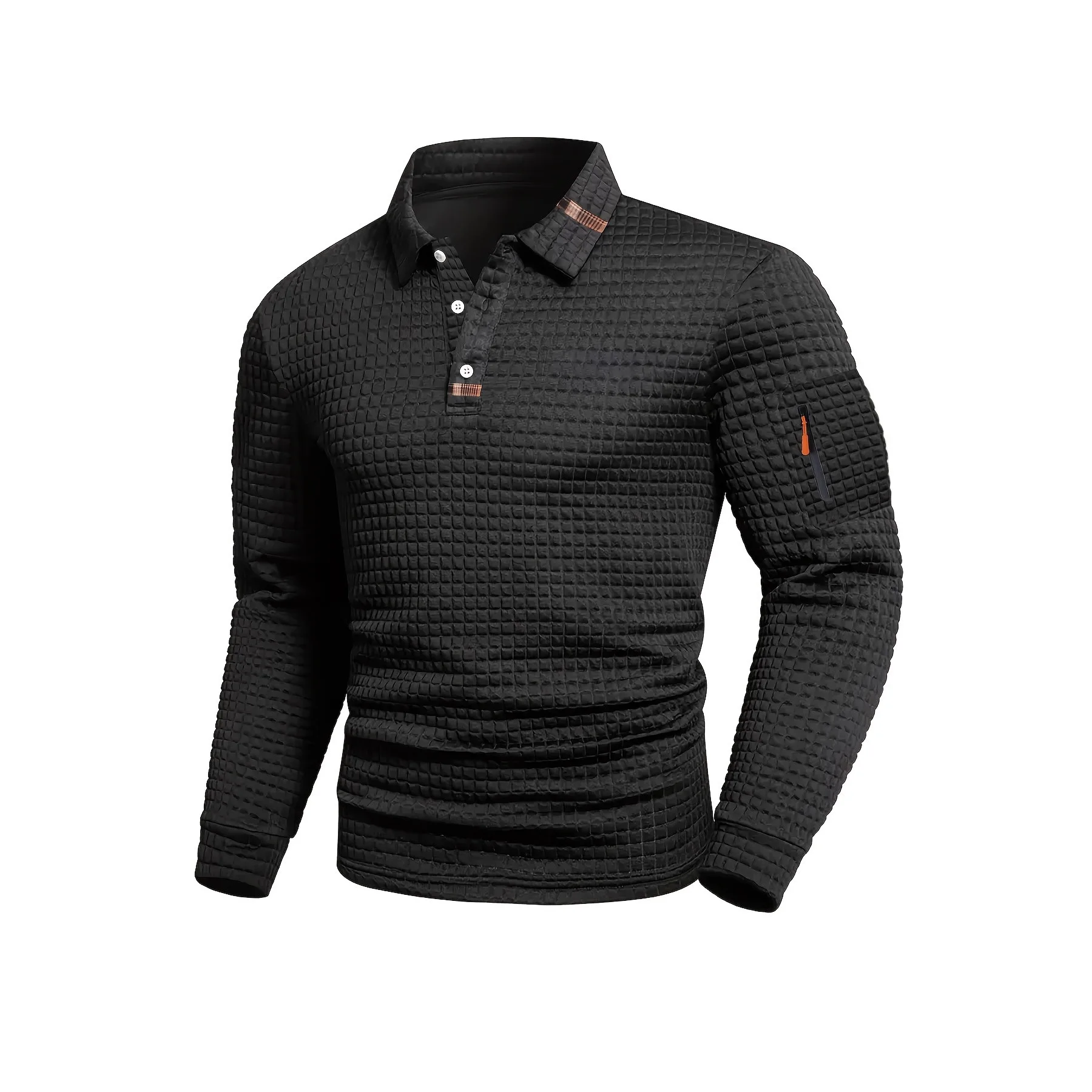 Spring and Autumn Men's New Style Fashionable Polo Shirt, Casual Checkered Arm Pocket Design, Collar Patchwork Long-Sleeved Top